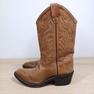 Old West Tan Leather Western Cowboy Stitching Pull On Square Toe Boots